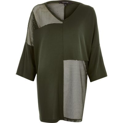 Khaki green oversized mesh panel T-shirt